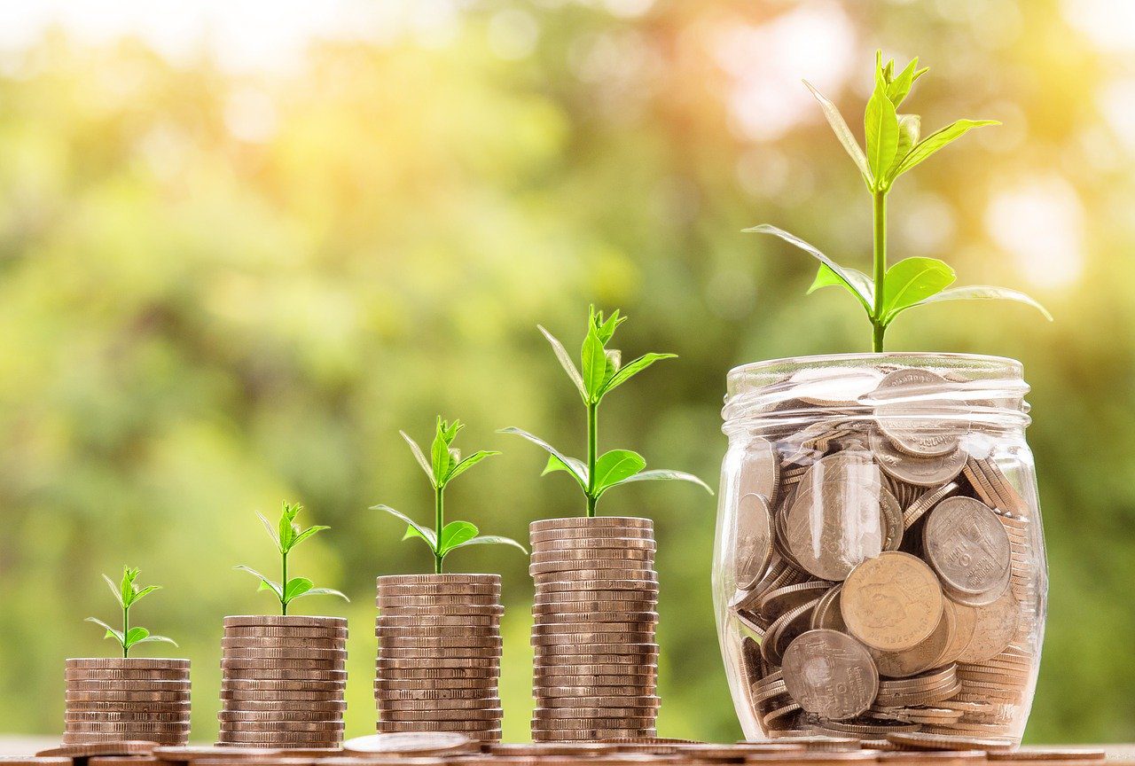 A jar of coins with plants growing out of it.