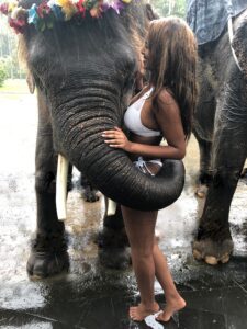 A woman in a white bikini standing next to an elephant.