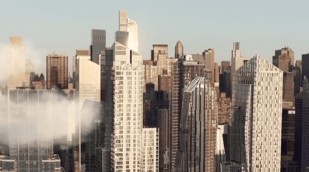 A city skyline with skyscrapers and buildings.