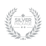 A silver package logo with a wreath