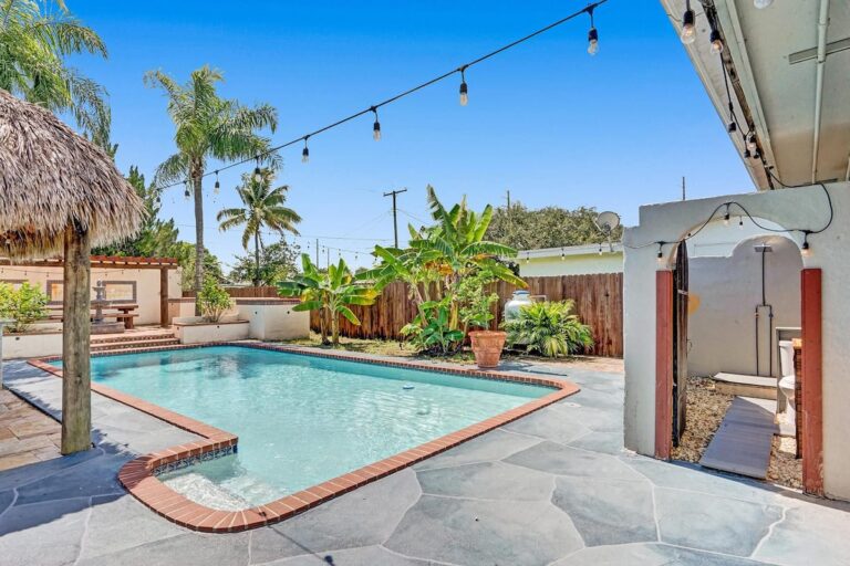 A pool with a large area to relax in.